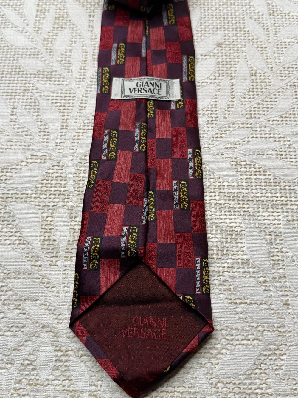 Versace Men's Burgundy and Black Checkerboard Silk Tie with Gold Accents vintage
